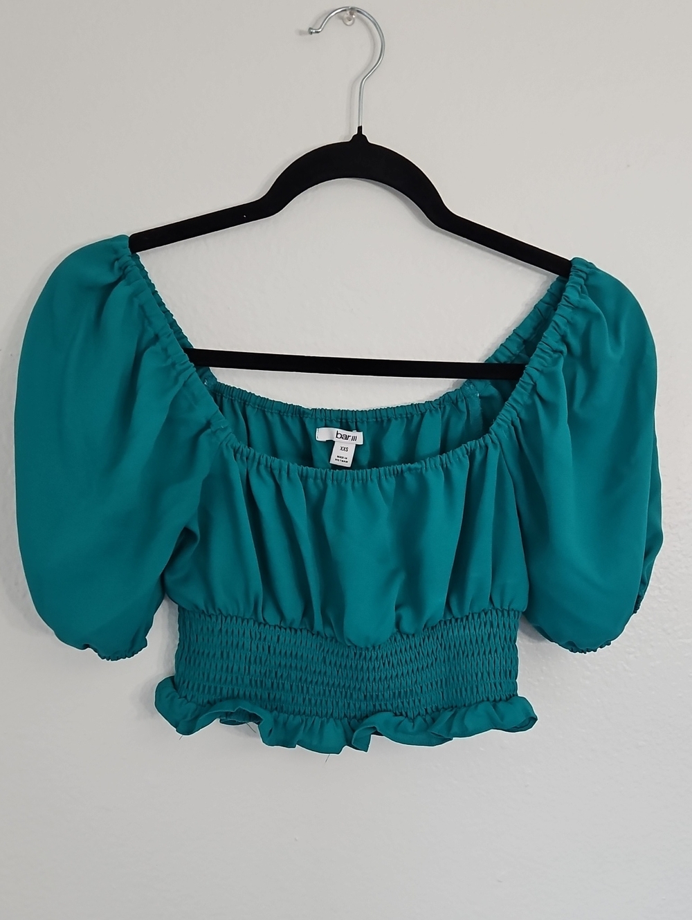 Bar III Teal Puff-Sleeve Smocked Crop Top